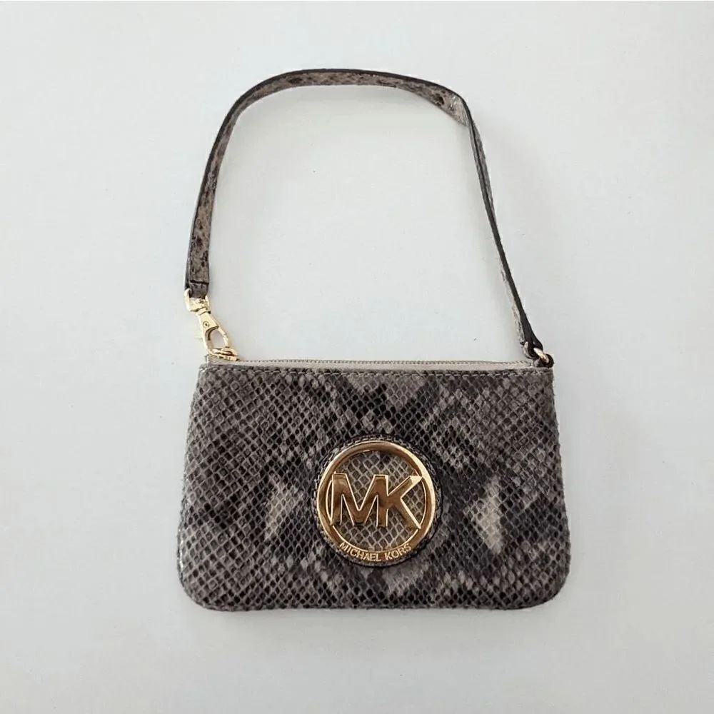 Michael Kors Wristlet Snake Skin Gold Emblem Zip Closure MK Bag 5" x 3" Animal